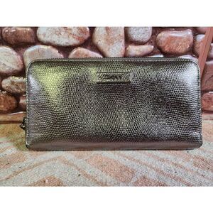 DKNY EMBOSSED METALLIC LEATHER  ZIP AROUND WALLET CLUTCH GUNMETAL #A69